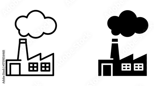 Vector art of factory outline and glyph icon set industrial building, plant, smoke, pollution, environment, and manufacturing
