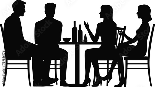 Silhouette people at table, social gathering vector, dinner conversation scene, black illustration, casual meeting, human interaction, meal moment