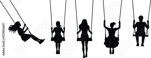 Swing silhouettes, playful motion, outdoor activity, childhood fun, sitting on swings, dynamic poses, leisure time, group play, swing row, silhouette art