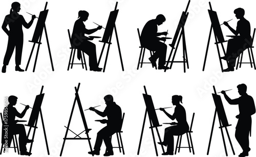 Artist silhouettes, painting on canvas, creative poses, art studio, easel setup, brushwork, artistic diversity, drawing session, visual creativity, painter group