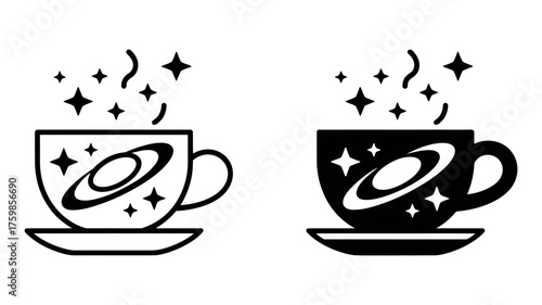 Vector art of cosmic coffee cup vector icon set, featuring both outline and solid black versions, great for spacethemed designs