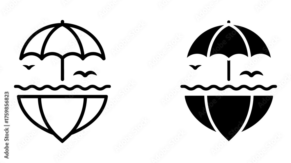 Obraz premium Vector Illustration of a beach umbrella and ocean waves in two styles, representing vacation, relaxation, and summer