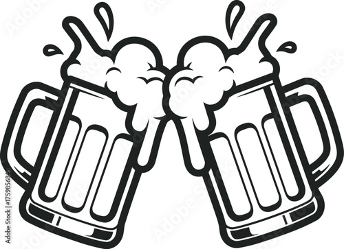Two frothy beer mugs clinking in a celebratory toast illustration