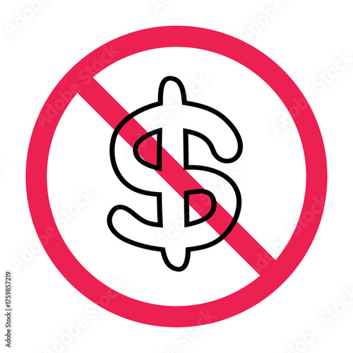 No dollar sign, forbidden sign with money icon, de dollarization sign, do not use dollar, red crossed circle symbol, flat vector illustration