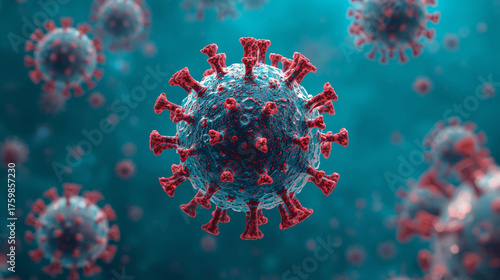 Realistic 3D render of a microscopic virus particle under a digital microscope. Concept of pandemic, infection, healthcare, and biotechnology.
