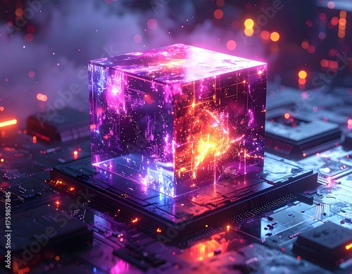 Futuristic digital cube with glowing interior sits on a circuit board