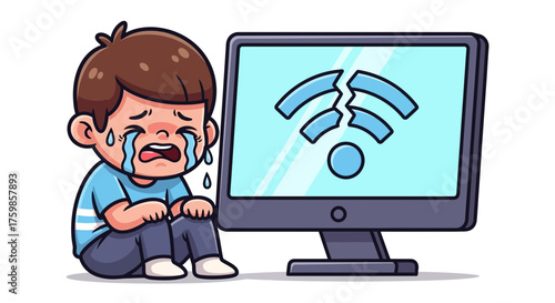 Upset little boy crying next to a computer with a broken Wi-Fi connection symbol