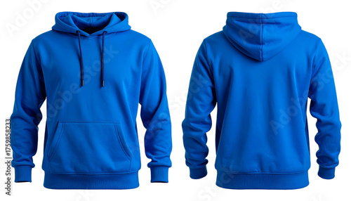 Front & back view of a vibrant blue hooded sweatshirt