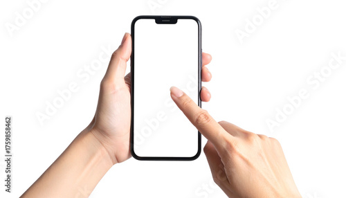 Human hands holding a smartphone with a blank screen and pointing at it