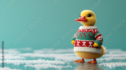 Wallpaper Mural Cute yellow duck wearing a christmas sweater stands on ice Torontodigital.ca