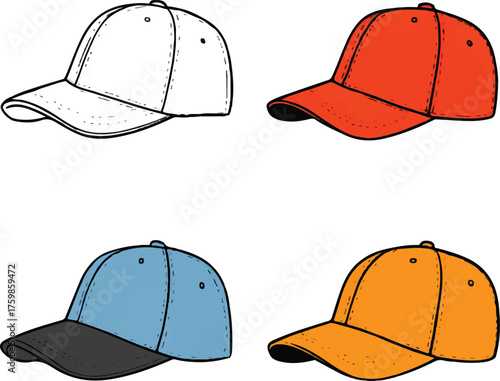 4 simple baseball caps, vector illustration, flat design, white background, simple details, simple shapes, flat colors, vector art