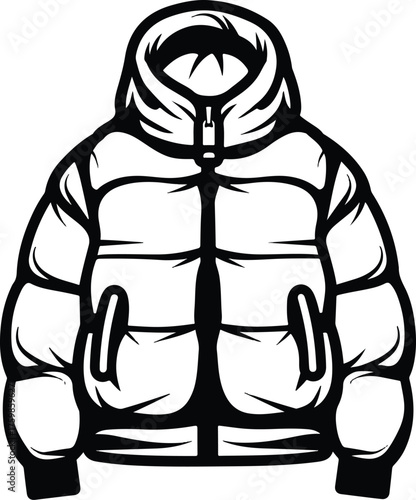 a black and white icon of an oversized puffer jacket, vector line art on a simple background, flat design style, no shadows, simple shape
