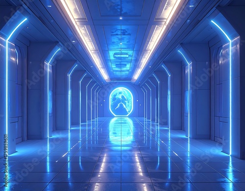 Futuristic hallway with blue and white neon lights, reflective floor