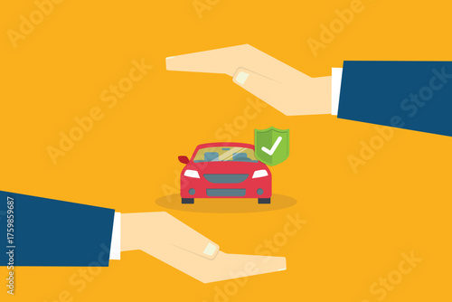 Car with a protective hands. For security concepts, protection of private property. Insurance, mortgage, credit	