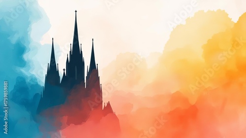 Gothic cathedral silhouette against abstract watercolor sky