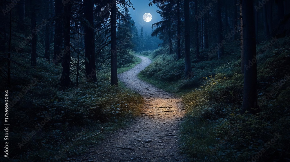Fototapeta premium Moonlit forest path winding through dark trees, illuminated by moonlight and soft light.