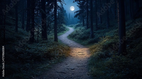 Moonlit forest path winding through dark trees, illuminated by moonlight and soft light.