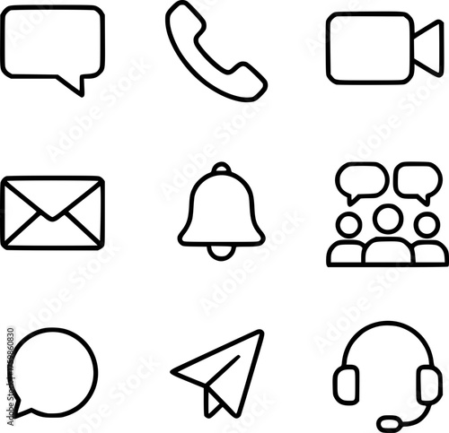 Black and white minimalist vector icon set of communication symbols including chat, phone, email, video call, and message send