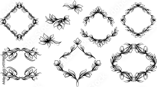 Floral ornamental frame and flower vector decoration set, flourish borders, calligraphic ornaments