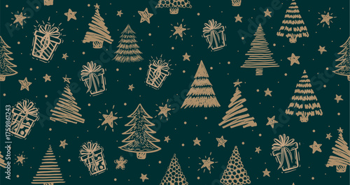 Christmas tree on blue, hand drawn illustrations	
