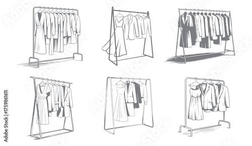 Clothes Rack Silhouette Vector, Hanging Garment Sketch Illustration.