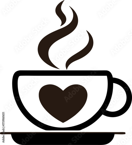  Minimalist espresso cup with steam forming heart shape silhouette vector icon , white background 