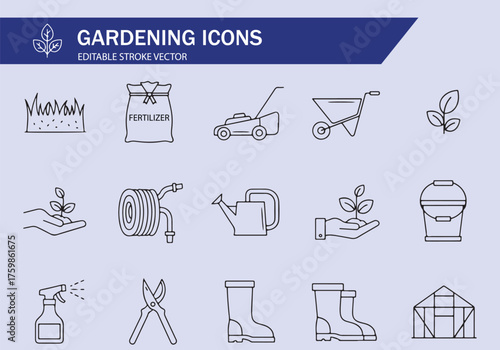 Farming and Gardening set icons. Farming and gardening icon. Flat outline icon concept. Gardening tools outline icon set for landscaping and horticulture