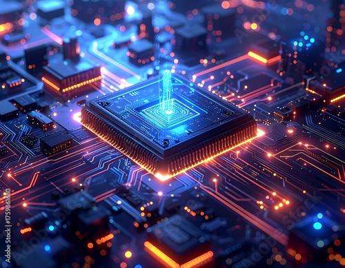 Futuristic macro view of an illuminated central processing unit