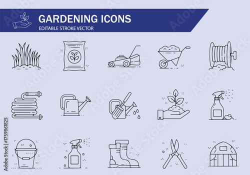 Farming and Gardening set icons. Farming and gardening icon. Flat outline icon concept. Gardening tools outline icon set for landscaping and horticulture