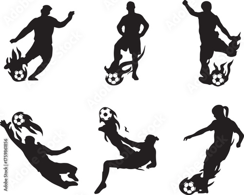 Silhouette Soccer Showdown: Dynamic silhouettes of soccer players in action, the dramatic black and white image focuses on action, movement and the thrill of the soccer game.