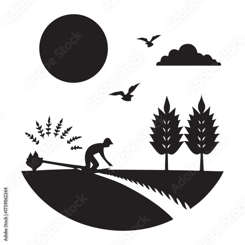 Silhouette of a farmer working in a field under a large sun