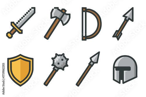 Medieval weapons icon set featuring sword, axe, bow, arrow, shield, mace, spear, and helmet in flat style