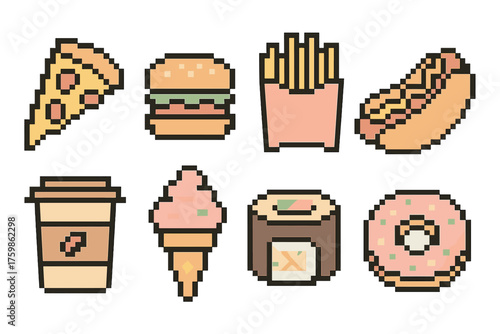 Pixel art fast food icons set: pizza, burger, hot dog, french fries, ice cream, sushi, donut, coffee