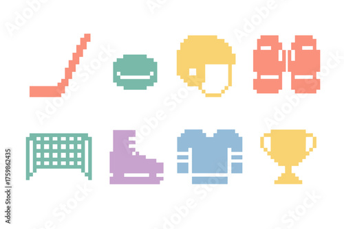 Pixel art ice hockey icons: sticks, puck, helmet, and gear in retro style