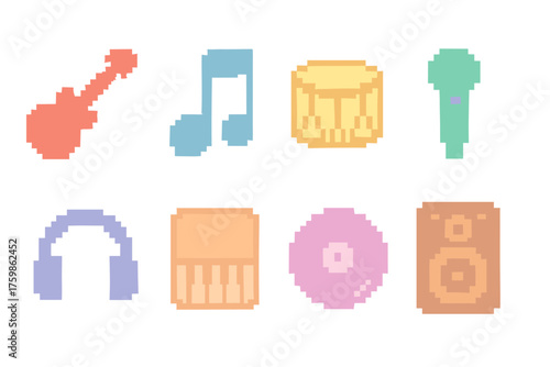 Pixel art music icons: guitar, notes, drum, microphone, headphones, keyboard, record, speaker