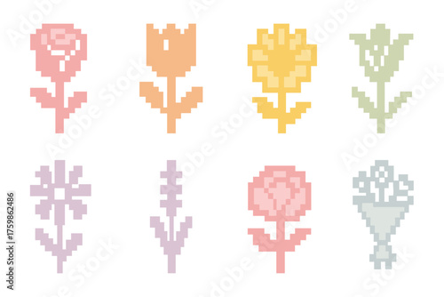 Pixel art flowers: retro styled floral icons in soft pastel colors
