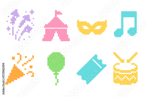 Colorful pixel art icons: party and entertainment set for digital designs
