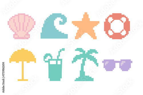 Pixel art summer icons: beach vibes with sea, shells, and palm trees