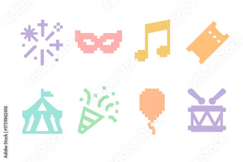 Pixel art party icons set: celebration and entertainment symbols