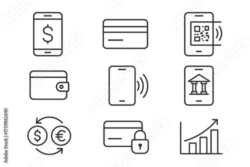 Linear mobile payment icons for digital wallet and contactless transactions