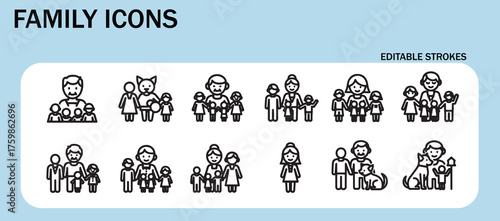 Family line icons set – Includes parents, children, pregnant, elderly and love. Editable stroke. Colored vector illustration.