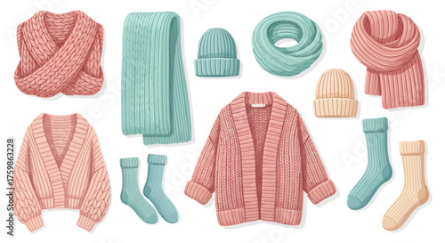 Cozy Knitwear Fashion Vector Set.Vector collection of warm knitwear items including scarves, cardigans, and beanies, cozy fall aesthetic in pastel color palette.