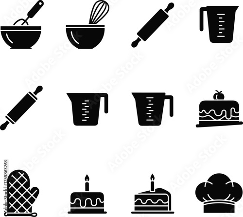 Baking, Cooking, and Kitchen Utensils Solid Glyph Icon Set