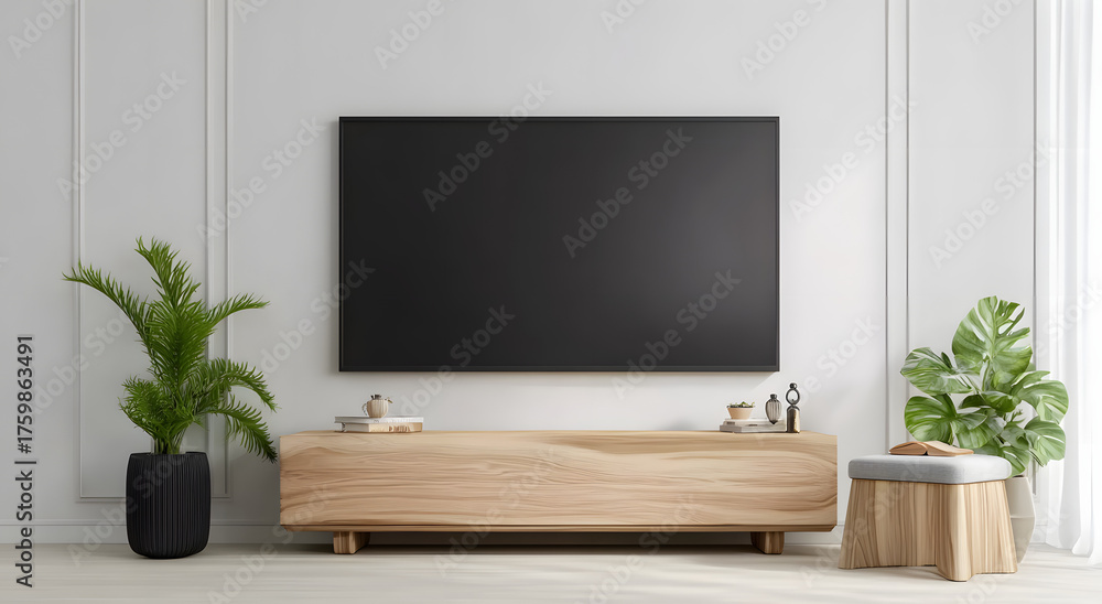 Fototapeta Modern living room with a sleek TV and stylish cabinet, creating a clean and contemporary entertainment space