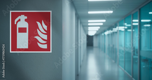 Quadro su tela Illuminated emergency exit sign in office corridor
