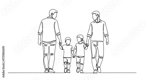 Continuous line drawing of gay parents walking with children family love and support lgbtq community rights