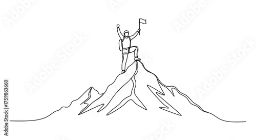 Mountain climber reaching peak success holding flag single line drawing vector illustration design concept