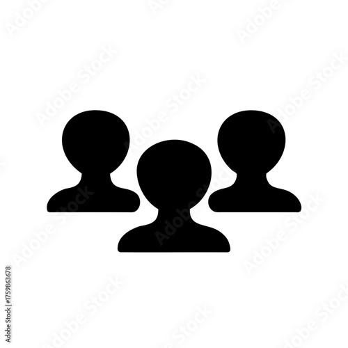 Black silhouette icon of a group of three people on white backdrop