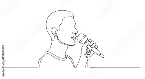 Continuous line drawing of singer performing with microphone for music concert and vocal performance art