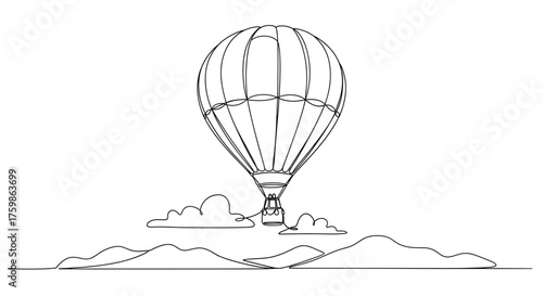Continuous line drawing of hot air balloon flying over mountains and clouds adventure travel illustration